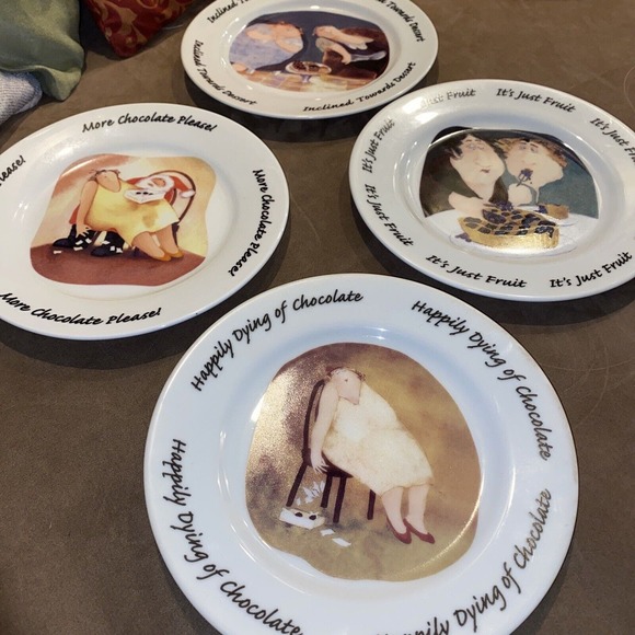 Plates (4) Erika Oller House Of Prill Dessert Salad Plates Chocolate Fruit LOT - Picture 1 of 7